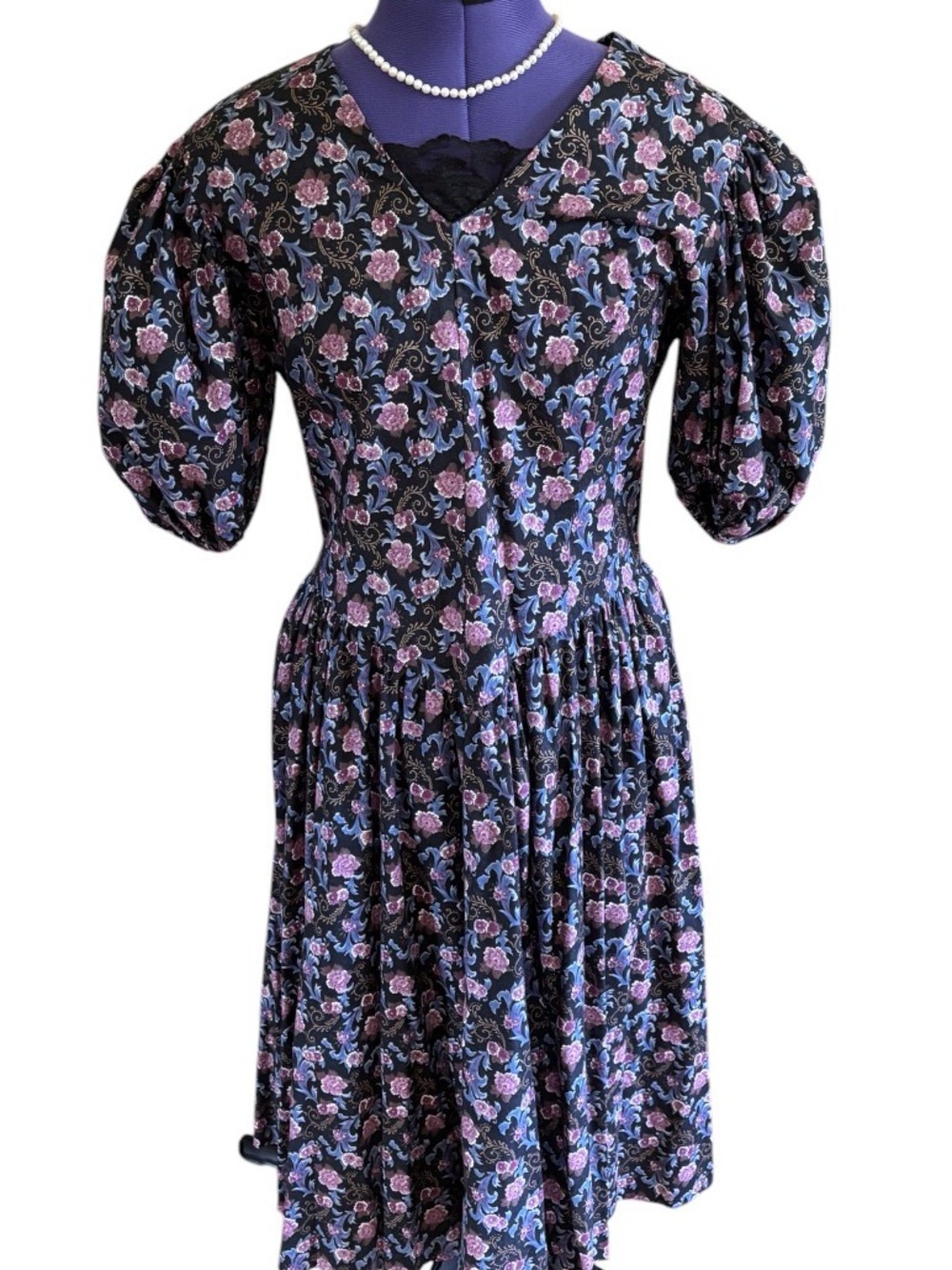 Vintage Midi Dress Puff-Sleeve Handmade 90s